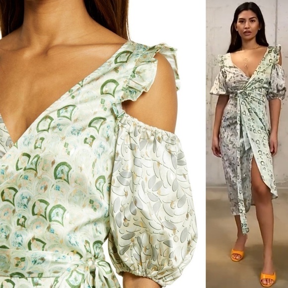 NEVER FULLY DRESSED Satin Puffed Sleeve Cold Shoulder Ruffled Wrap Midi Dress 2 - Picture 5 of 13